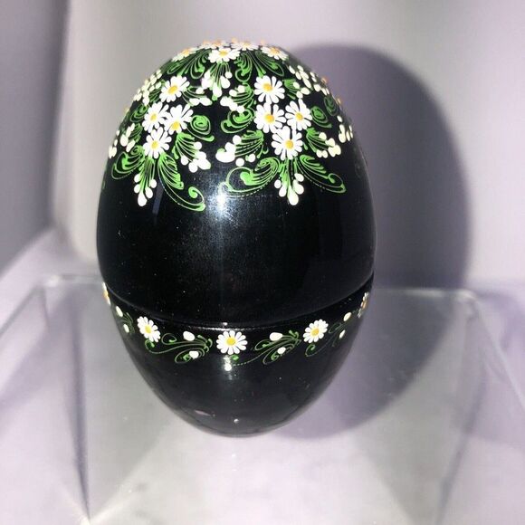 Alabaste wood egg Thailand hand painted Trinket Box 3.5" daisis on black - Picture 2 of 7